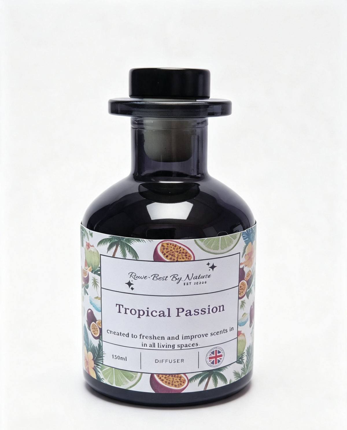 A 150ml glass reed diffuser bottle with a black cap, featuring a colorful tropical passion fruit label by Rowe- Best By Nature.