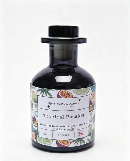 A 150ml glass reed diffuser bottle with a black cap, featuring a colorful tropical passion fruit label by Rowe- Best By Nature.